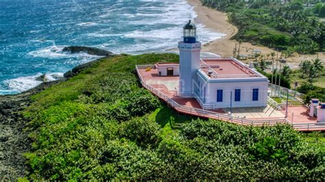 Arecibo Lighthouse with a view of the coastal waters of the Caribbean, Puerto Rico Aerial Stock ...