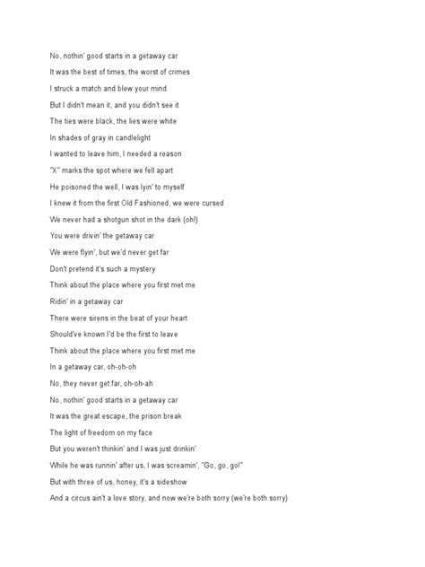 Taylor Swift Getaway Car Lyrics | PDF