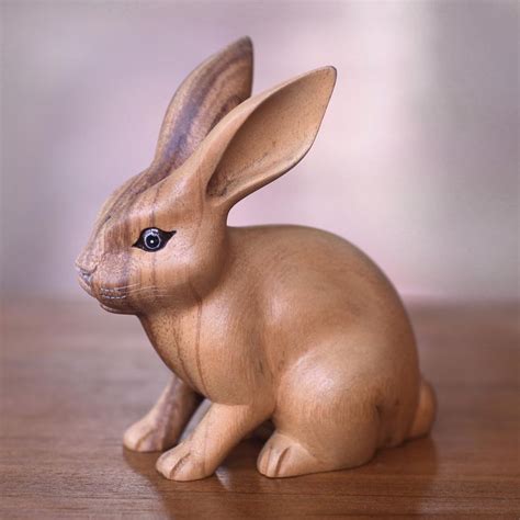 Fair Trade Hand Carved Wooden Rabbit Statuette, 'Cute Ginger Rabbit' | Wood sculpture, Wood ...