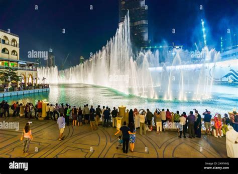 DUBAI - OCTOBER 15: The Dubai Fountain on October 15, 2014 in Dubai, UAE. The Dubai Fountain is ...