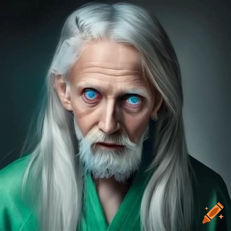 Photo of a 55 year old magician with blue eyes and long gray-blond hair ...