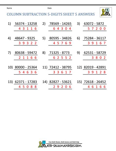 5 Digit Subtraction Worksheets