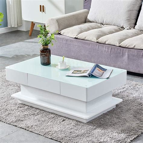 Huisen Furniture Living Room White High Gloss Coffee Table Large with 2 Storage Drawers Modern ...