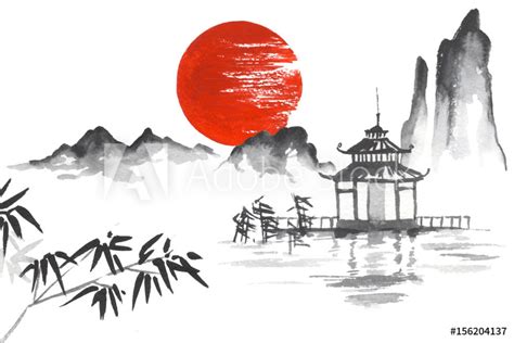 Japan Traditional japanese painting Sumi-e art Sun Mountain Temple ...