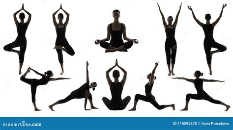 Yoga Poses Silhouettes, Woman Body Balance Asana Position Stock Photo ...