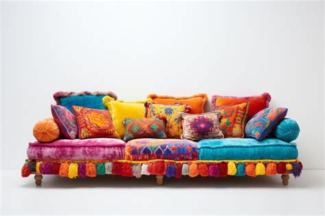 Premium Photo | A colorful couch with many pillows on it