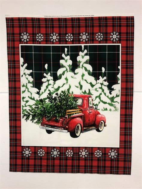 Christmas Fabric Christmas Red Truck Fabric Panel Over the | Etsy ...