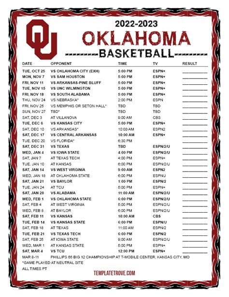 Printable 2022-2023 Oklahoma Sooners Basketball Schedule