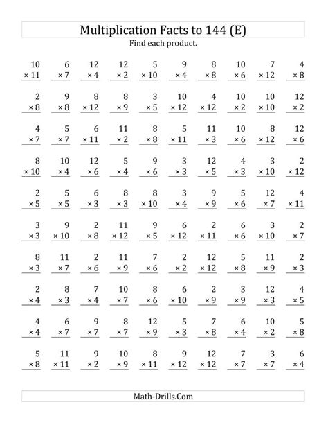 The Multiplication Facts to 144 No Zeros No Ones (E) Math Worksheet ...