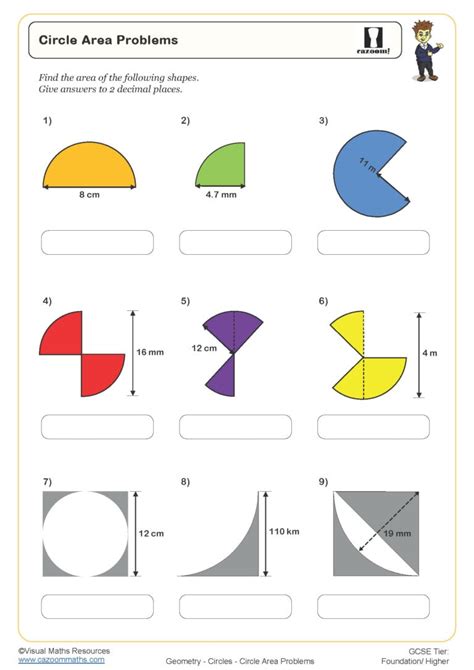 Circle Area Problems Worksheet | Printable Maths Worksheets