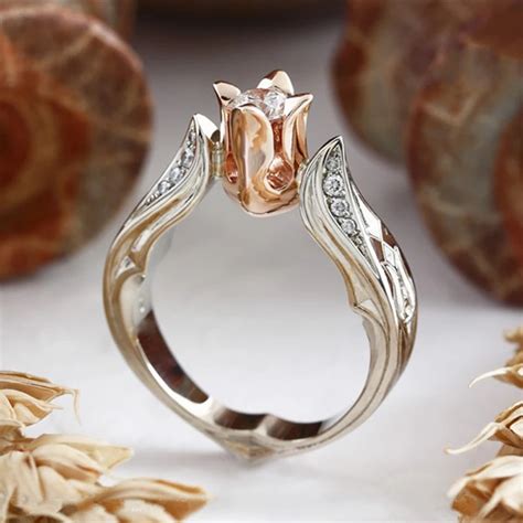 Modyle Women Rings Luxury Rose Gold Color Rose Flower Shape Wedding Ring Statement Jewellery ...