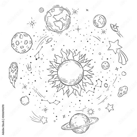 Doodle solar system. Hand drawn sun, cosmic comet and planet earth ...