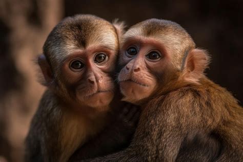 Two monkeys cuddling together in a dark forest | Premium AI-generated image