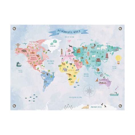 Hand Illustrated Printed World Map Cotton Canvas Wall Poster Kids Room ...