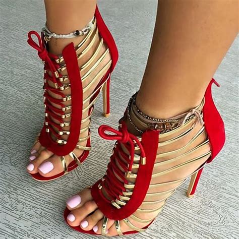 Women Runway Fashion Red Black Suede Patchwork Dress Sandals Gold ...