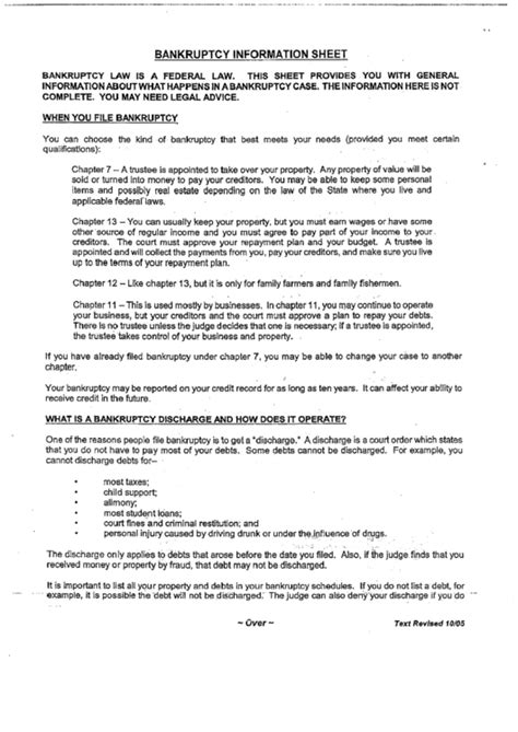 Bankruptcy Information Sheet printable pdf download