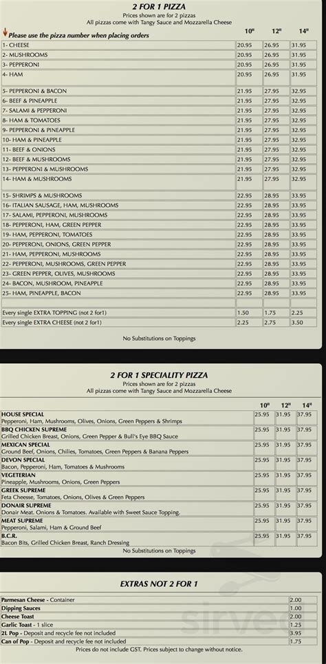 Devon 2 For 1 Pizza & Pasta menu in Devon, Alberta, Canada