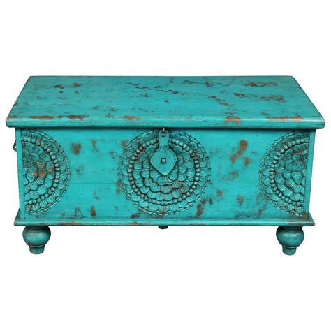 Teal Hope Chest Hand Carved Wood Storage Trunk Coffee Table | eBay ...