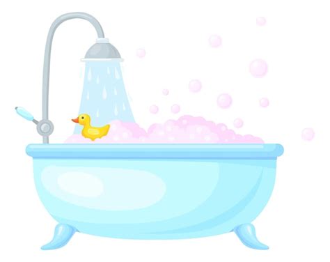 Premium Vector | Full bath with bubbles and yellow duck Cartoon bathtub icon