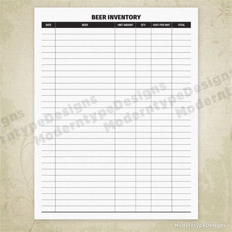 Beer Inventory Form Printable