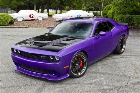 Purple Dodge Challenger with Aftermarket Vented Hood