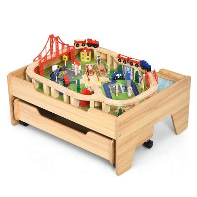 Costway Wooden Kids Train Track Railway Set Table W/100 Pieces Storage Drawer : Target