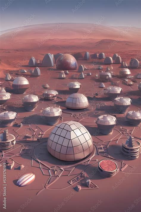 mars base - planet mars colony with geodesic buildings / domes and ...