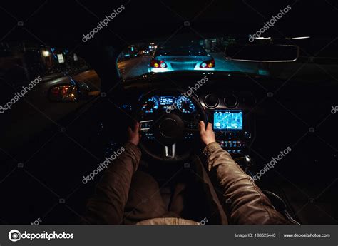 Man Driving Car Night City Car Traffic Chasing Another Car — Stock Photo © JANIFEST #188525440