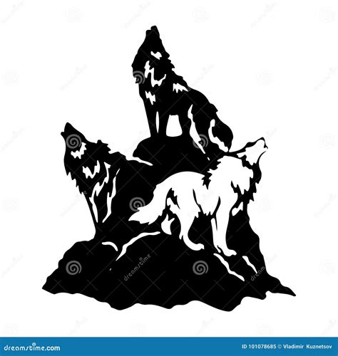 Three Wolves on a Hill Howling, Silhouette on a White Background Stock ...