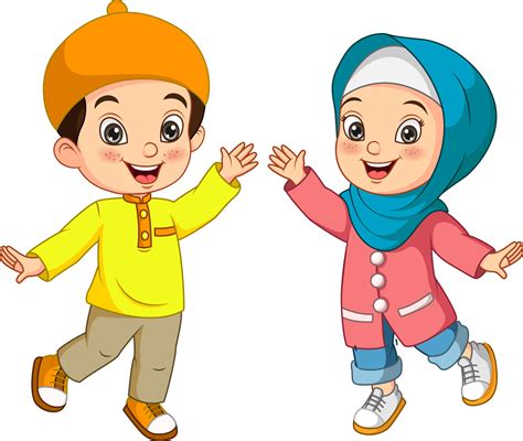 Happy muslim boy and girl cartoon 7179121 Vector Art at Vecteezy