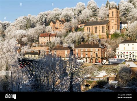 The town of Ironbridge Gorge near Telford UK in winter with lots of frost and looking very cold ...