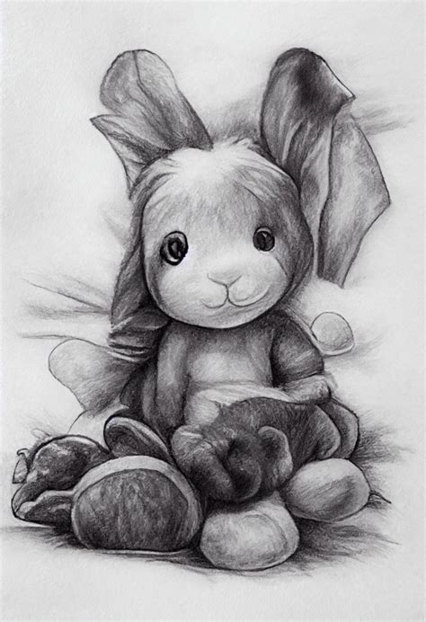 pencil drawing of a cute stuffed animal, bunny, | Midjourney