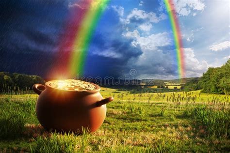 Pot of Gold with Rainbow stock image. Image of grass - 119777121