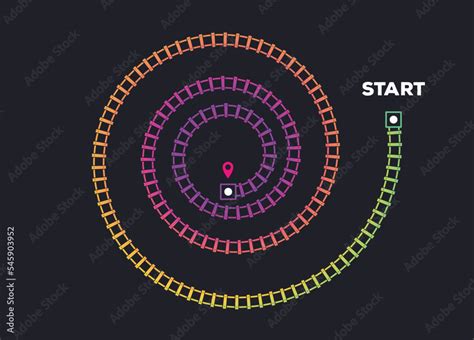 Train rail tracks, railroad infographic template with start and finish. Spiral concentrating ...