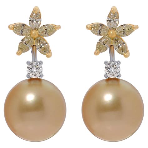 Assael 18k Yellow and White Gold Diamond and Pearl Drop Earrings For Sale at 1stDibs