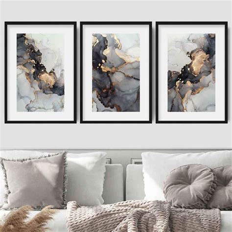 Framed Set of 3 Abstract Art prints of Paintings Black Grey and Gold | Abstract art prints, Gold ...