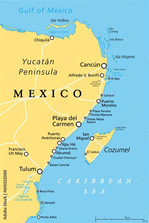 Cancun, Cozumel and Riviera Maya, Mexico, political map. Cancun, city on the coast of Yucatan ...