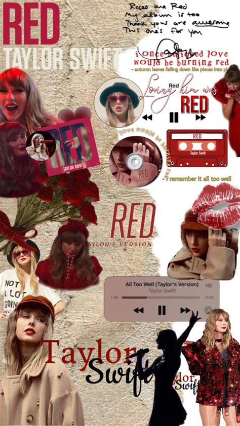 a collage of red images and text on a white background with the words taylor swift