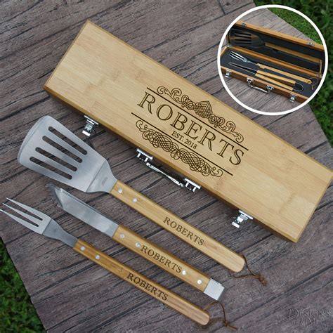 Personalized BBQ Tool Set Engraved with Family Monogram Design Options & Font Selection (Three ...