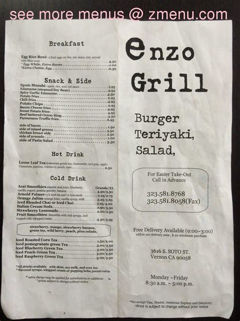 Menu at Enzo Grill restaurant, Vernon