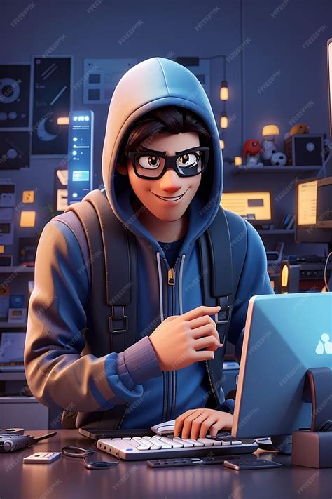 Premium Photo | Computer Hacker Cartoon Character Sneaky 3D Animation Style