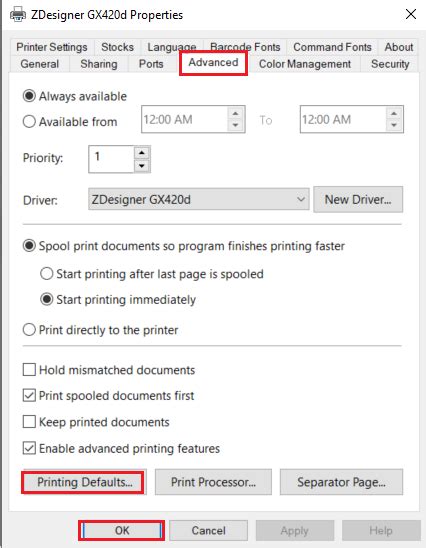 Configure or Modify Basic ZDesigner Driver Version 5 Settings