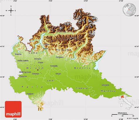 Physical Map of Lombardia, cropped outside