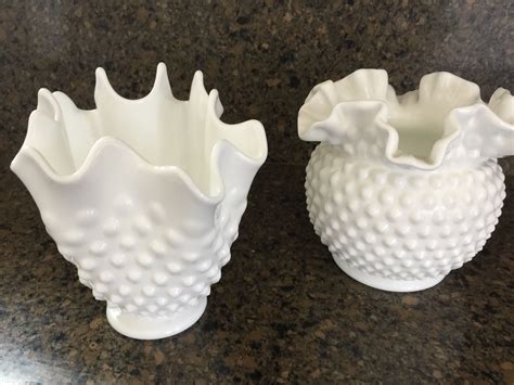 Fenton Milk Glass Hobnail Vase w/Ruffled Edge and Handkerchief Vase ...