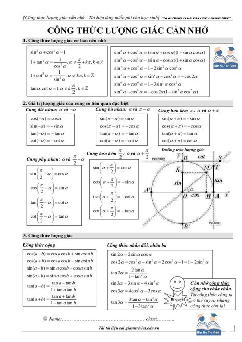 Tổng Hợp Tài Liệu Công Thức Lượng Giác Bản Đầy Đủ