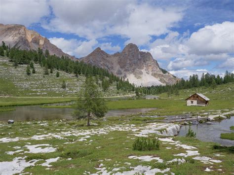 Le Vert Lake Near the Lavarella Hut in the Greenery of the Fanes - Sennes - Braies Nature Park ...