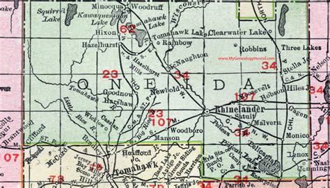 Oneida County, Wisconsin, map, 1912, Rhinelander, Lake Tomahawk, Tripoli, Pelican Lake, Three ...