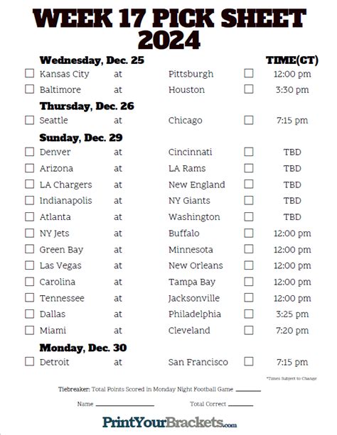 Central Time Week 17 NFL Schedule 2024 - Printable