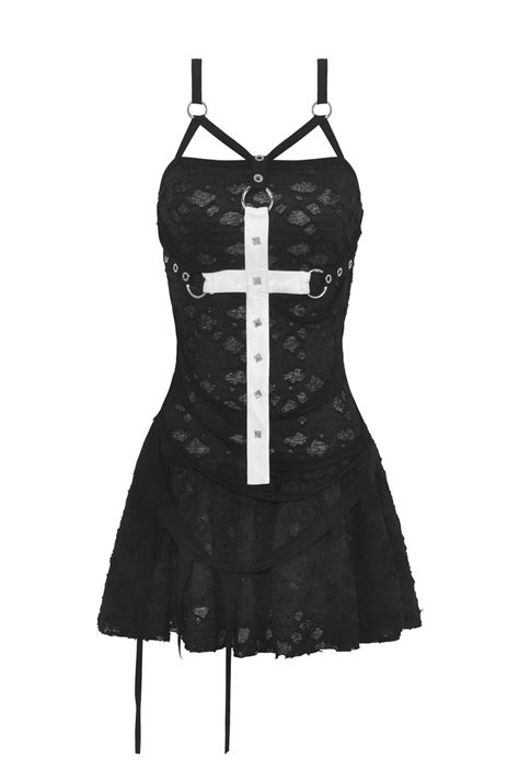 Black Gothic Dress with White Cross and Webbed Details