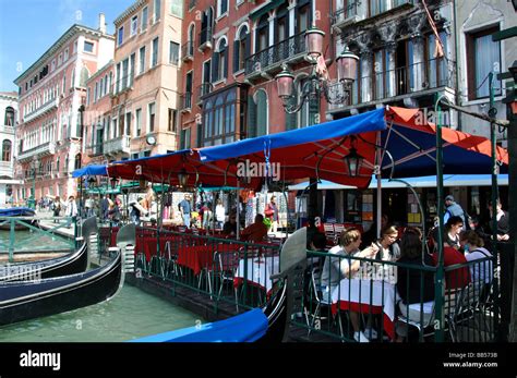 Canalside restaurants, Grand Canal, Venice, Venice Province, Veneto Region, Italy Stock Photo ...